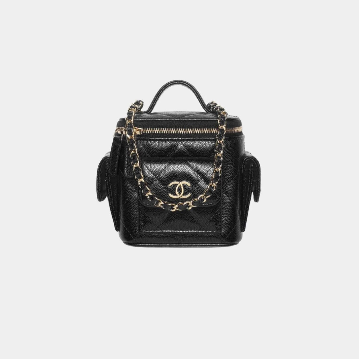 Chanel Vanity with Chain in Grained Shiny Calfskin and Gold Tone Metal - Black