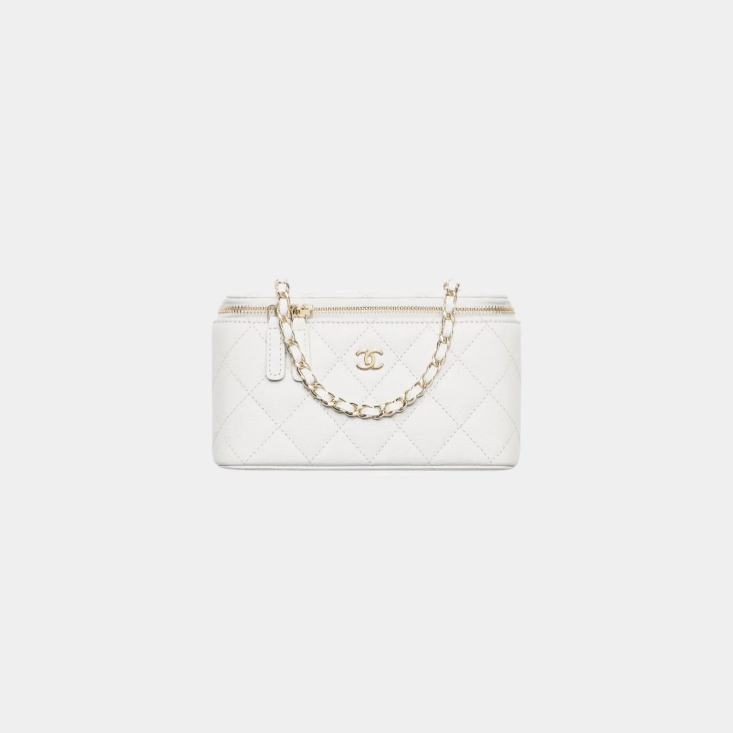 Chanel Classic Long Vanity with Chain in Grained Shiny Calfskin - White