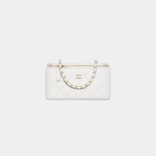 Chanel Classic Long Vanity with Chain in Grained Shiny Calfskin - White