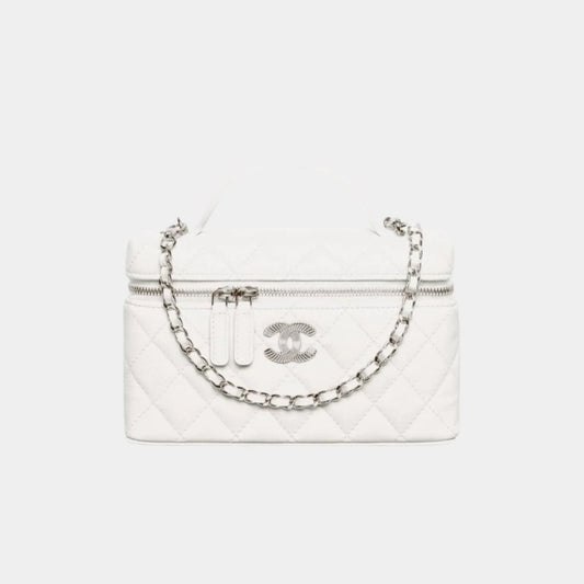 Chanel Long Vanity with Chain in Shiny Grained Calfskin and Silver Tone Metal - White