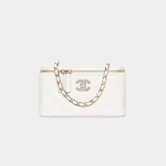 Chanel Long Vanity with Chain in Shiny Grained Calfskin and Strass - White