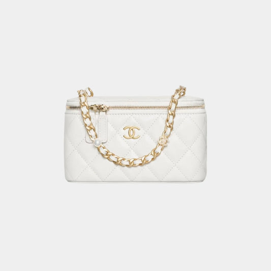 Chanel Vanity with Gold-Tone Chain in Grained Shiny Calfskin - White