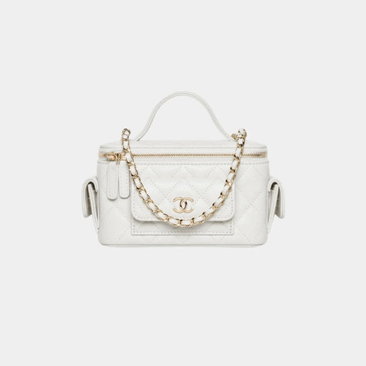 Chanel Vanity with Chain in Grained Shiny Calfskin and Gold Tone - White