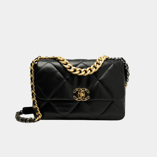 Chanel 19 Large Handbag Shiny Lambskin - Black