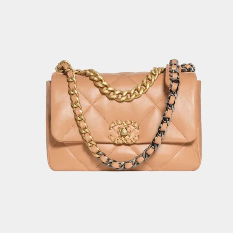 Chanel 19 Handbag Shiny Lambskin, Gold-Tone, Silver-Tone & Ruthenium-Finish Metal - Camel