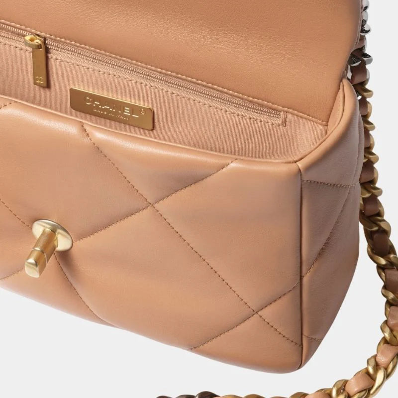 Chanel 19 Handbag Shiny Lambskin, Gold-Tone, Silver-Tone & Ruthenium-Finish Metal - Camel