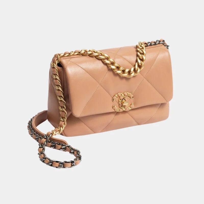 Chanel 19 Handbag Shiny Lambskin, Gold-Tone, Silver-Tone & Ruthenium-Finish Metal - Camel