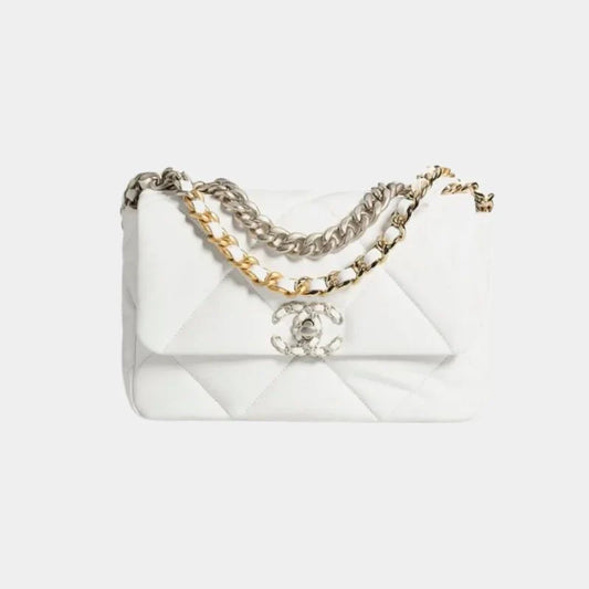 Chanel 19 Handbag Shiny Lambskin, Gold-Tone, Silver-Tone & Ruthenium-Finish Metal - White