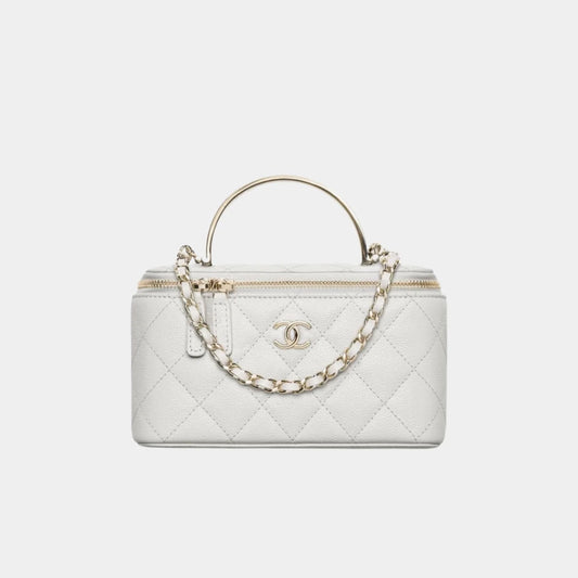 Chanel Long Vanity with Chain in Shiny Grained Calfskin and Enamel - Light Grey