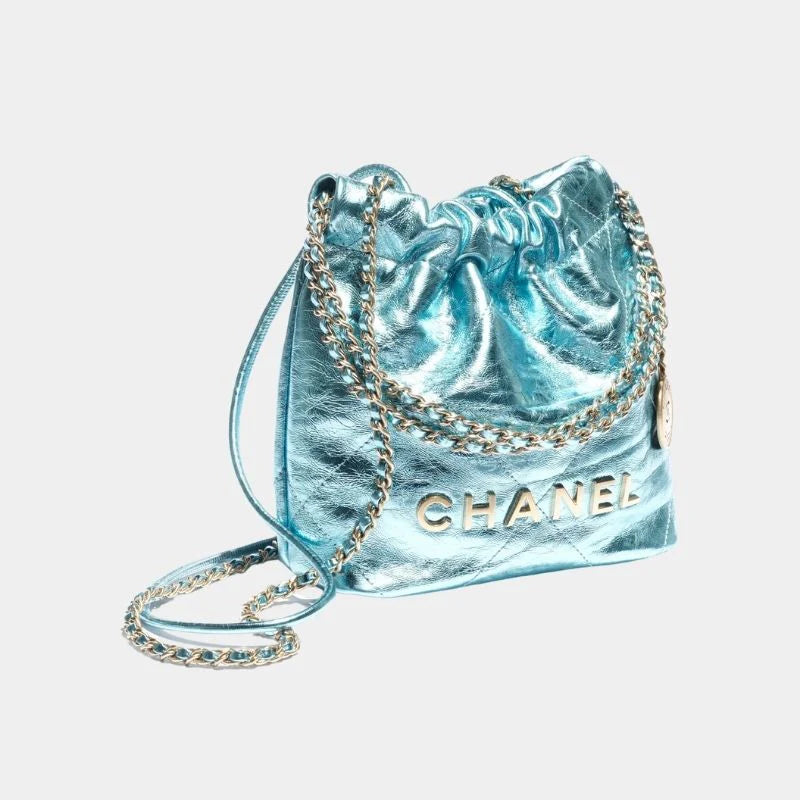 Chanel 22 Mini Handbag Cruise Metallic Calfskin & Gold-Tone Metal - Light Blue