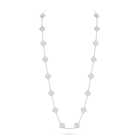 Van Cleef & Arpels, Vintage Alhambra long necklace, 20 motifs, rhodium plated 18K white gold, round diamonds